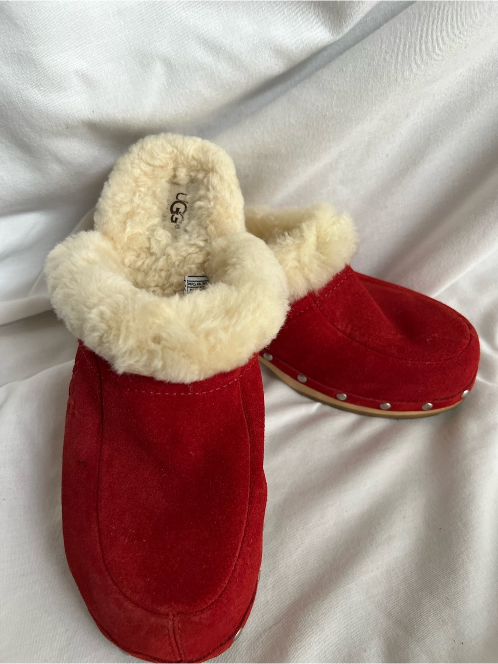 UGG Red Suede Shearling-Lined Slip-On Wooden Clogs with a Slight Heel